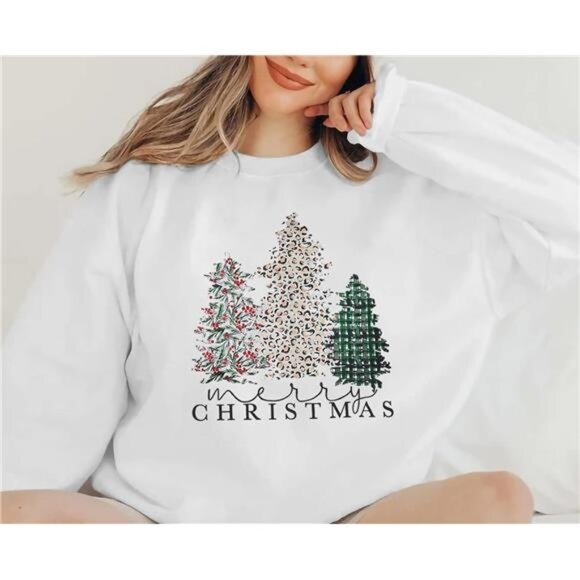 Merry Christmas Sweatshirt for Women - Plaid Holiday Long Sleeve Tree - Picture 3 of 6